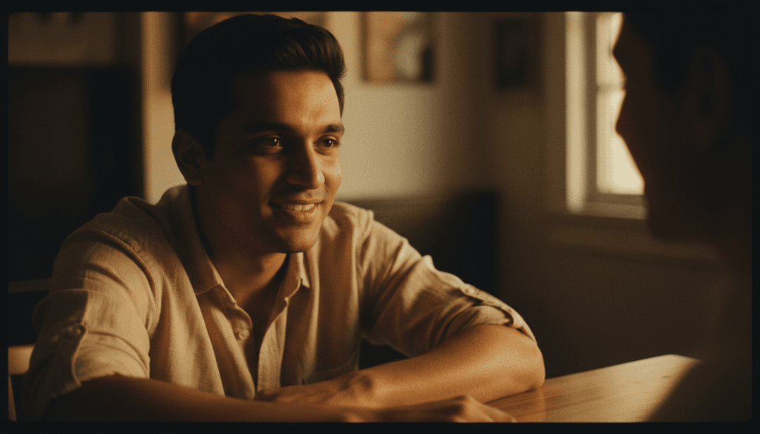 Representação abstrata de ondas sonoras transformando-se em visuais animados, mostrando cenas urbanas, momentos em câmera lenta e iluminação quente.