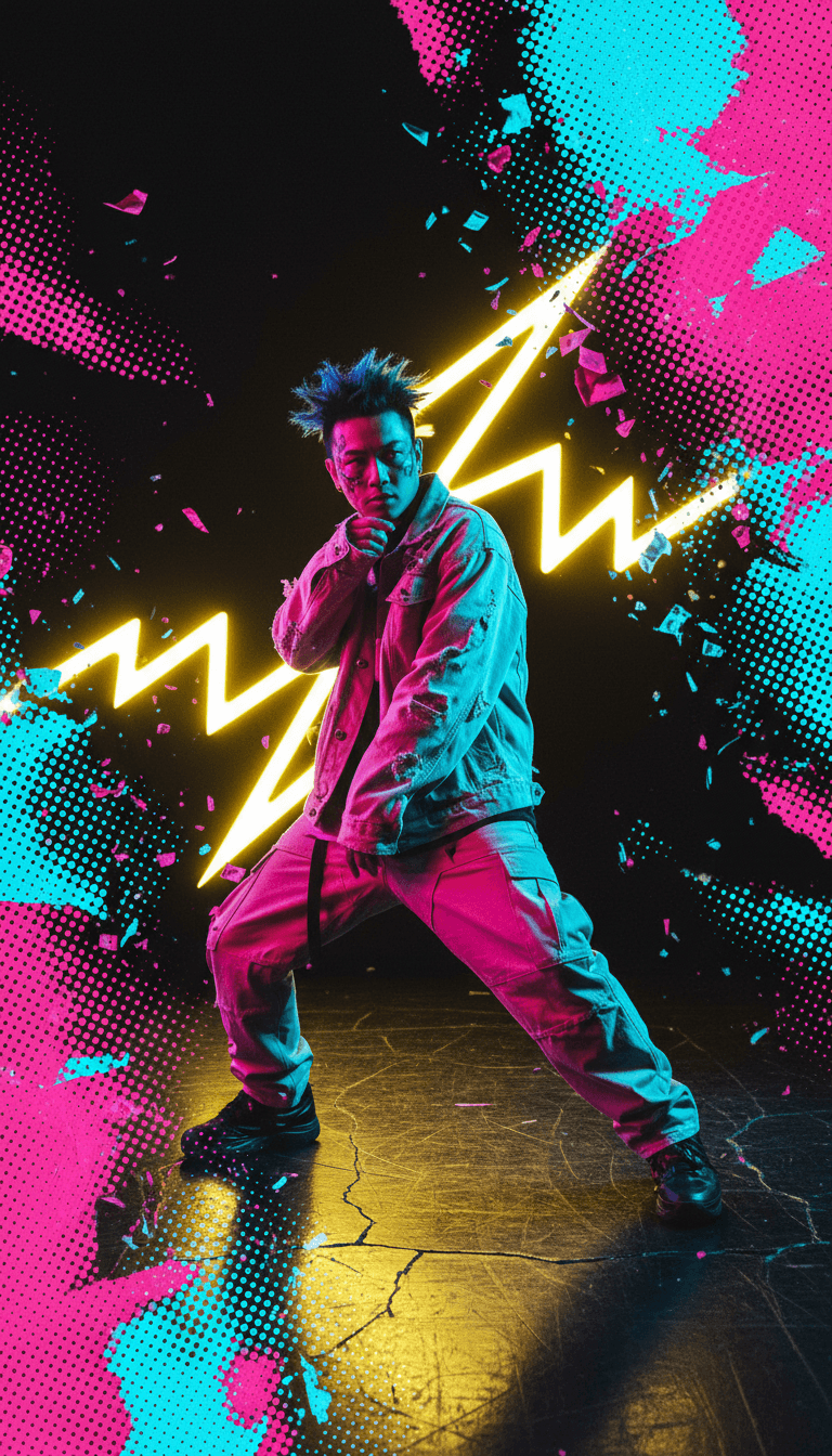 Rappresentazione astratta di forza e determinazione, che fonde paesaggi urbani con energia fluida, ispirata dalla canzone 'Tegap Hadapi Dunia' di aaplaystation92.