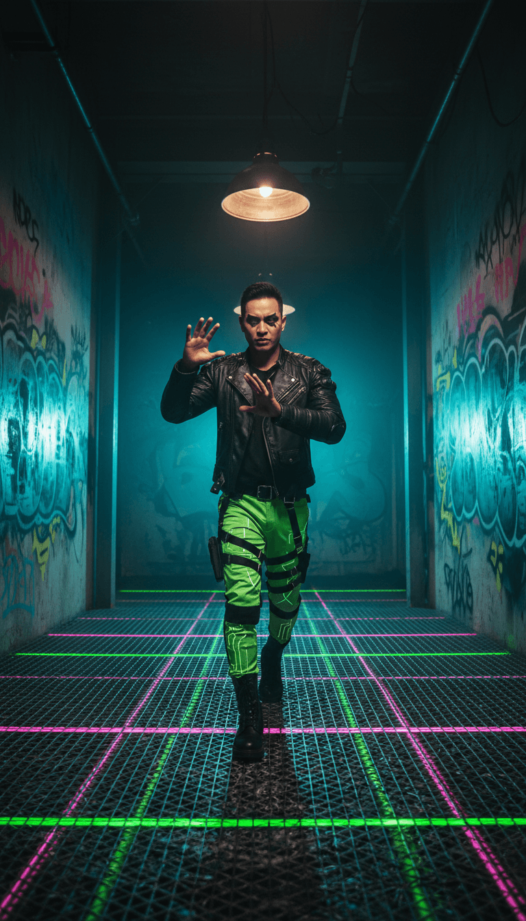 Lebendige Bilder, die Stadtlandschaften, entschlossene Individuen und dynamische Bewegungen zeigen, synchronisiert mit dem Hip-Hop-Pop-Genre von Tegap Hadapi Dunia.