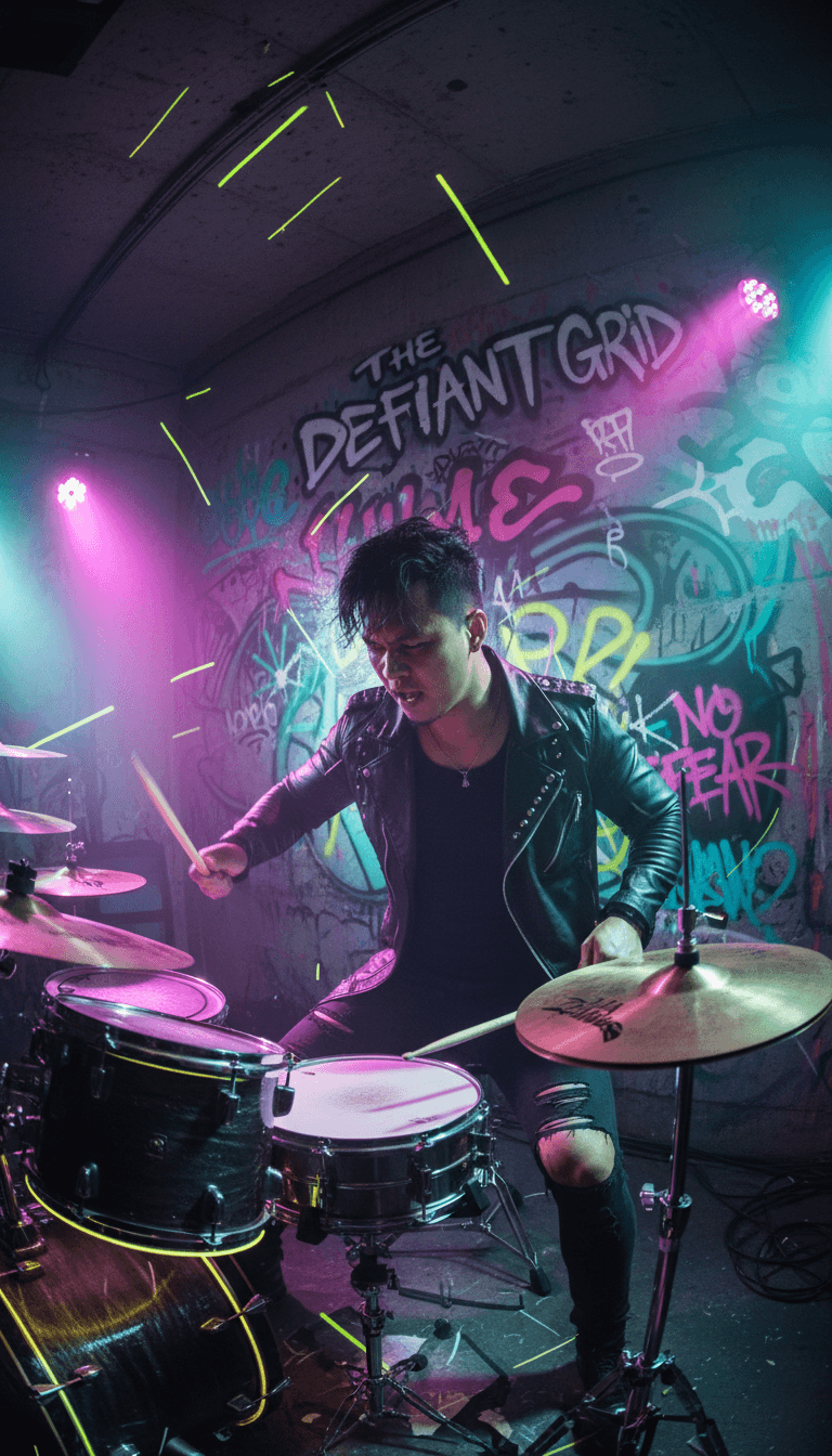 Eine letzte Aufnahme eines kraftvollen, professionell produzierten Musikvideos für Tegap Hadapi Dunia mit dem freebeat.ai-Logo.