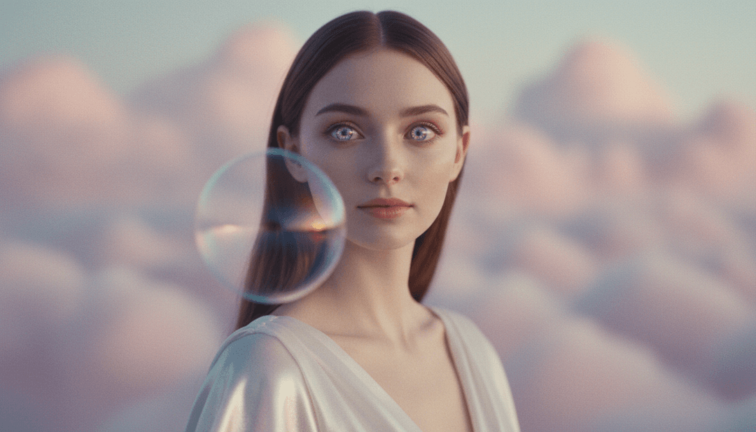 AI एक लड़की के बारे में एक गीत की व्याख्या कर रहा है जो एक बुलबुले में है, जिसमें अलौकिक प्रकाश और एक नाजुक, पारदर्शी गोला दिखाई दे रहा है।