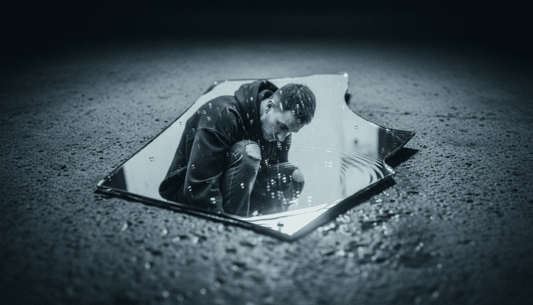 IA analisando formas de onda e temas líricos de 'A PERFECT WORLD' de The Kid LAROI em um ambiente de estúdio futurista.