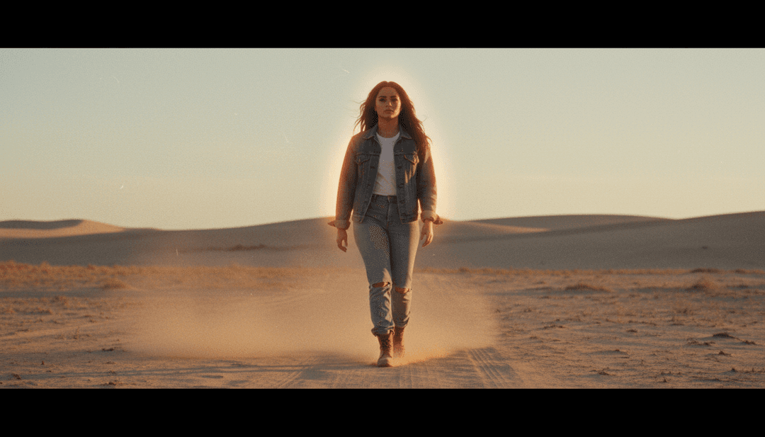 Un paysage désertique abstrait avec des motifs lumineux pulsants, symbolisant l'énergie Pop, EDM, Dance de 'Joshua Tree' de Demi Lovato interprétée par l'IA.