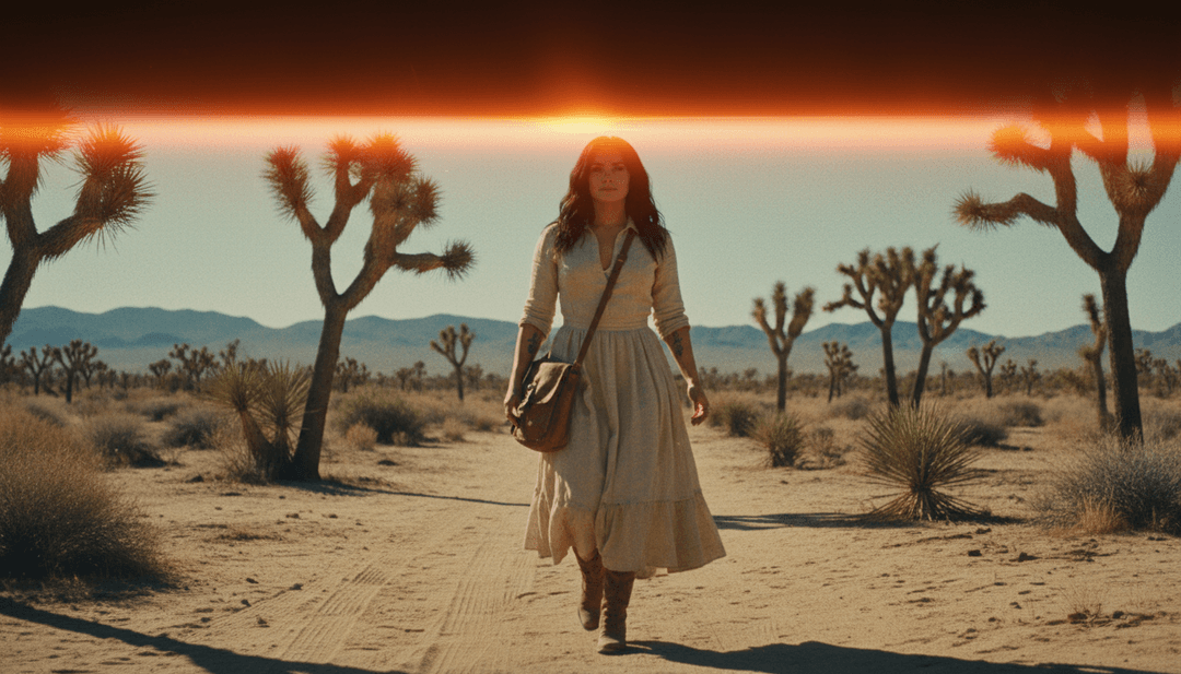 Représentation visuelle d'ondes sonores se transformant en images désertiques dynamiques et en figures dansantes, illustrant la synchronisation musique-vidéo en temps réel de l'IA pour 'Joshua Tree'.