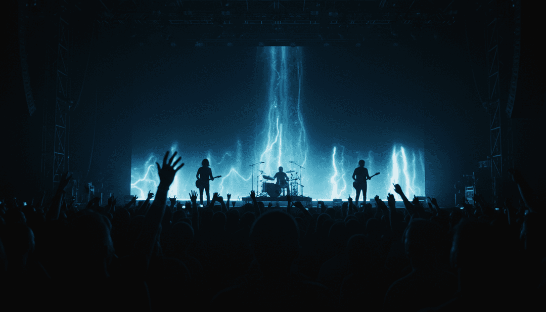 Representação visual abstrata de ondas sonoras se transformando em partículas de luz digitais, simbolizando a IA interpretando música.