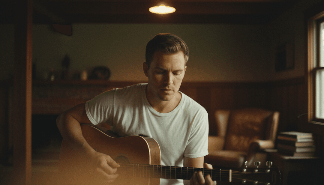 Visualisation abstraite de l'IA analysant les formes d'onde de la musique country et les paroles de 'Perfect Man' de Gavin Adcock, faisant allusion aux thèmes du partenaire idéal et des paysages américains.