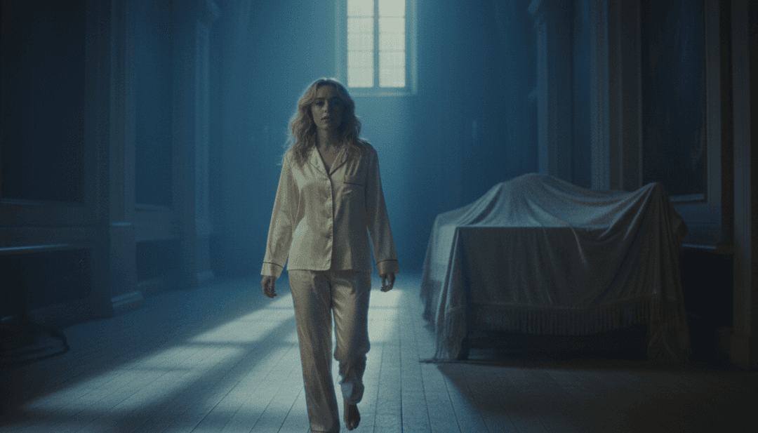 Escena de bosque etérea con luz suave y brillante, que refleja el ambiente íntimo de 'Say My Name In Your Sleep' de Maisie Peters, interpretada por un generador de videos musicales con IA.