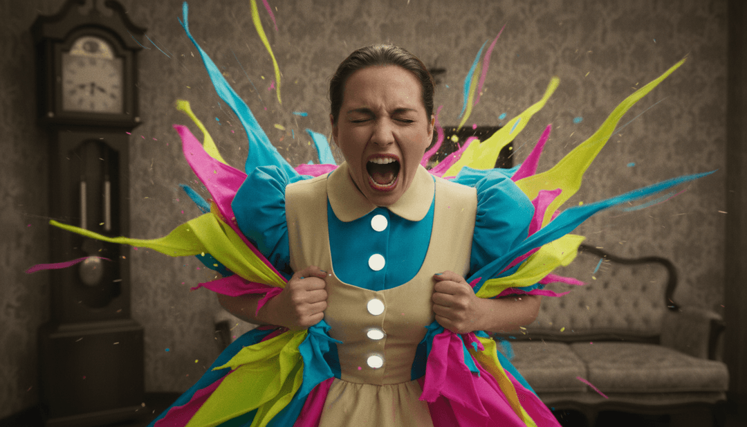 Rappresentazione visiva dinamica di forme d'onda musicali che si trasformano in scene cinematografiche: una figura solitaria su una montagna, un'orchestra che si esibisce in una grande sala, un cielo stellato, ispirato a 'No Audience'.