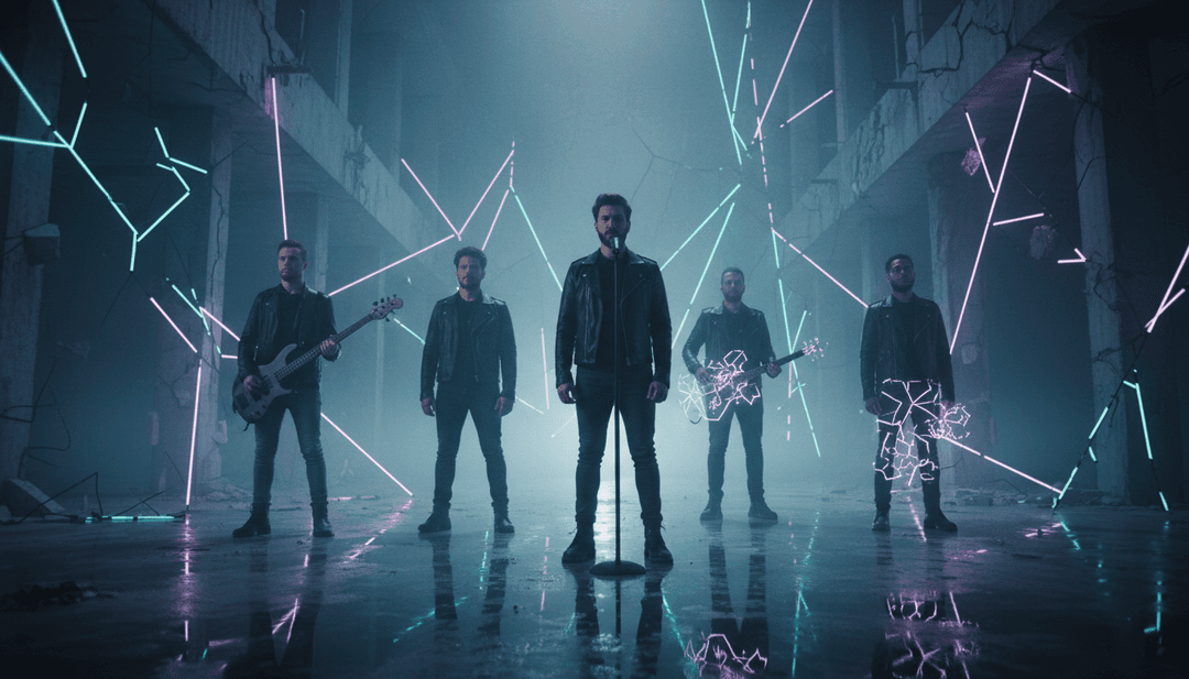 Abstrakte visuelle Darstellung industrieller Klanglandschaften und Breakbeat-Rhythmen für 'Live Forever' von The Hellp.