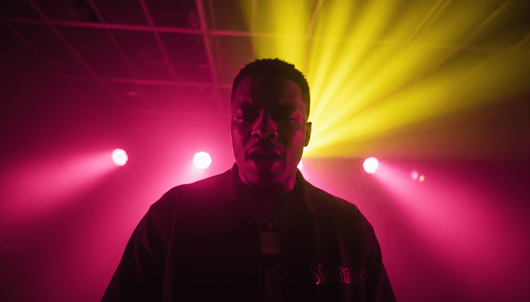 Letzter polierter Musikvideo-Frame für Nemzzz's 'MR DND', der filmische Qualität, synchronisierte Visuals und dezentes Branding für freebeat.ai präsentiert.