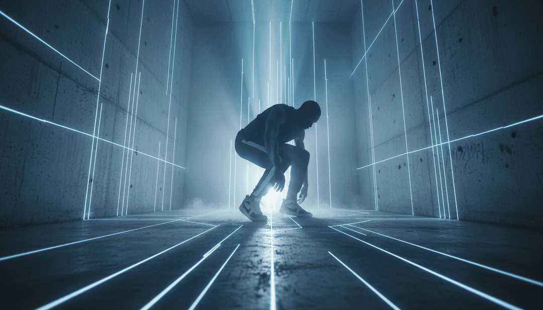 하우스 음악 비트와 일렉트로 신디사이저에 맞춰 추상적인 빛의 흔적과 빛나는 입자를 특징으로 하는 Sub Focus의 Elevate를 위한 동적인 AI 생성 비주얼.