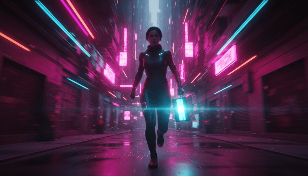 Cenas animadas retratando uma cidade futurista pulsando ao ritmo de 'Can't Get Enough', figuras holográficas dançando, trilhas de luz.