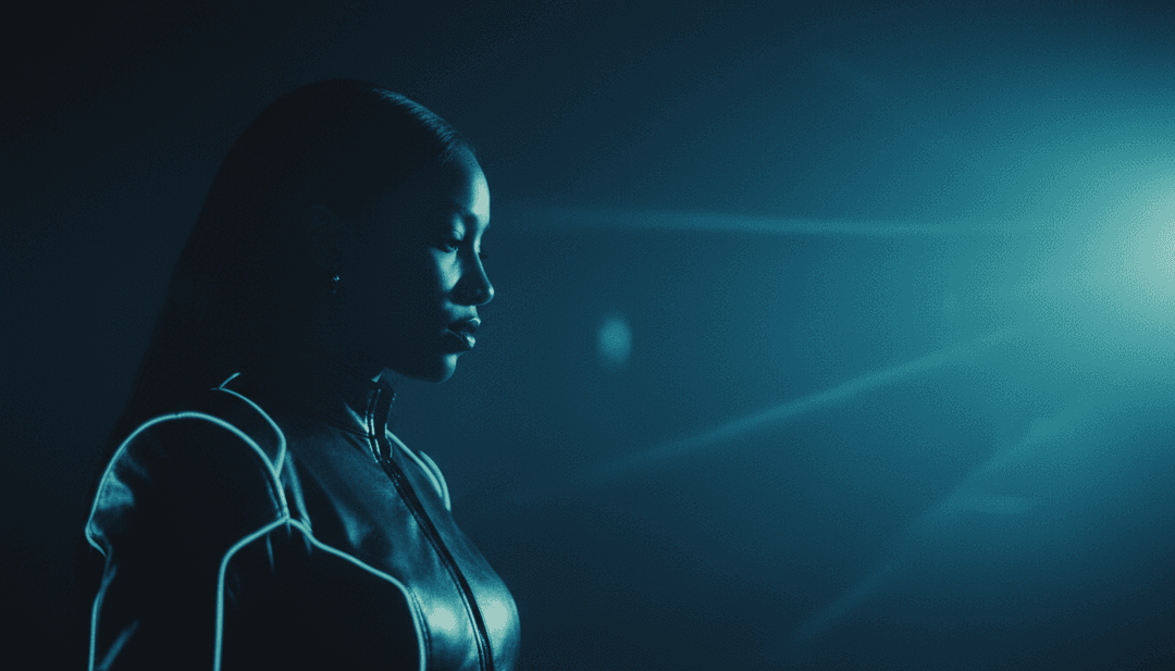 Abstrakte Visuals, die R&B- und Trap-Einflüsse darstellen, eine Wellenform, die sich in die Silhouette einer Frau verwandelt und Ambrés Song 'She' verkörpert.