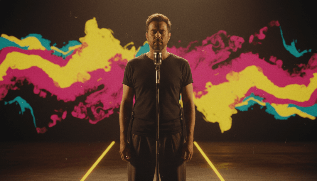 音頻波浪和概念標籤的抽象視覺化,代表 Medium Build 的《Balance》,突顯民謠搖滾和獨立搖滾主題。