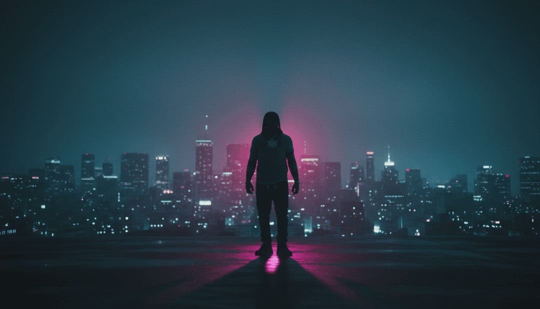 都会の風景、ネオンライト、そして自信に満ちた人物が一人で歩くアニメーションシーンが、ダイナミックなトラップビートと同期している様子。