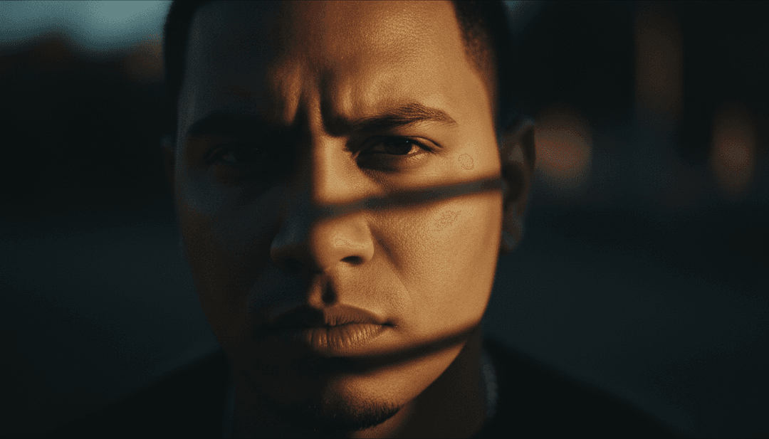 Representação visual de ondas sonoras transformando-se em cenas dinâmicas para 'Enemigos', mostrando cenas de cidade em ritmo acelerado e interações de personagens.