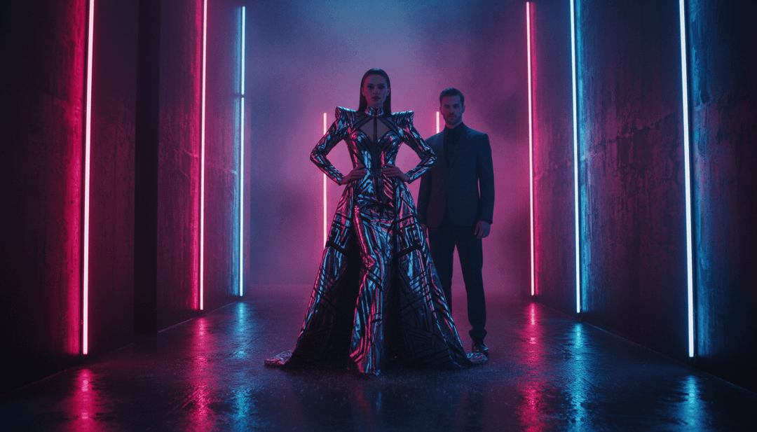 Eine abstrakte visuelle Darstellung von Synth-Wellen und Neonlichtern, die die Dance-Pop-Essenz von 'Thrill of the Night', erstellt von KI, verkörpert.