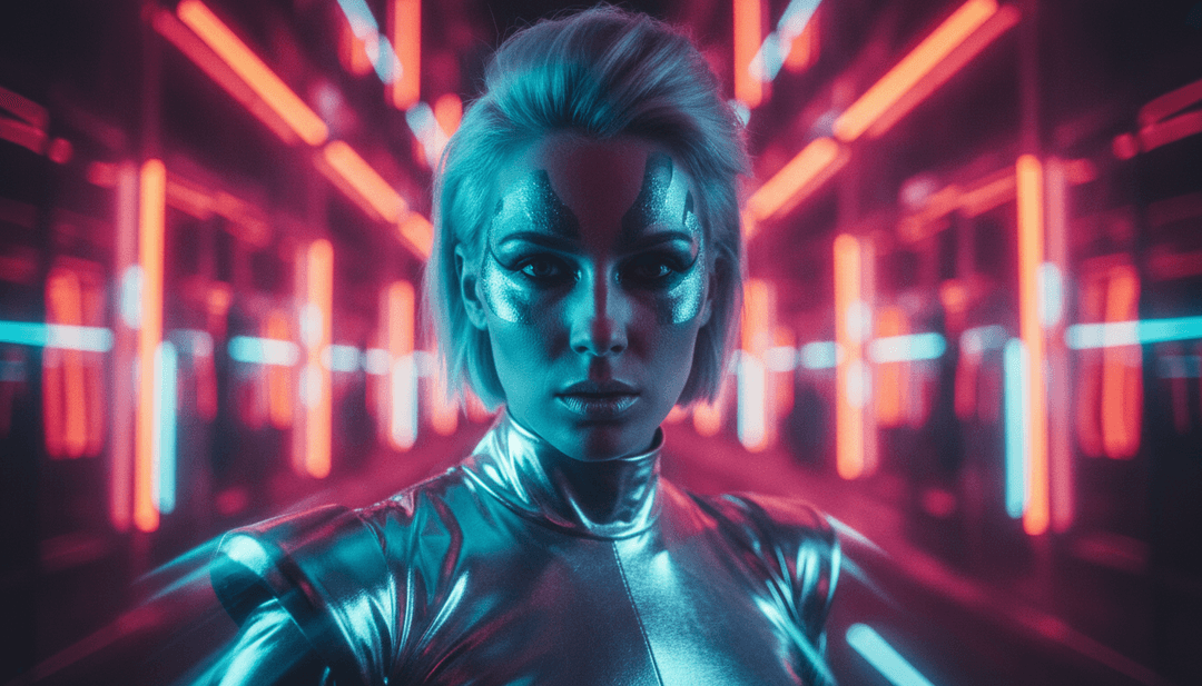 Dynamische Visuals, die mit einem treibenden Synth-Beat synchronisiert sind und fließende Übergänge sowie lebendige Farbexplosionen in einem KI-generierten Musikvideo zeigen.