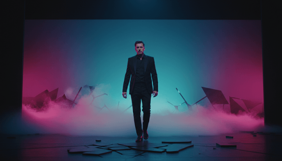 Abstrakter Visualizer, der elektronische Schallwellen zeigt, die sich in animierte Lichtmuster über einem ruhigen, weiten Horizont verwandeln, inspiriert von Andrew Aged's 'Heights'.