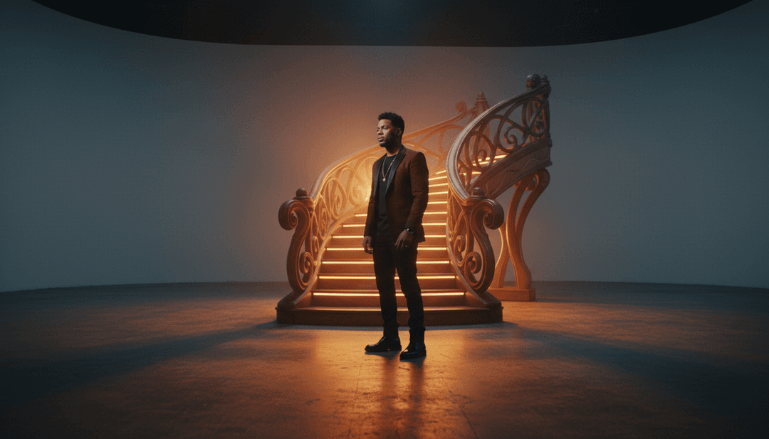 Un algorithme d'IA analysant les paroles et la mélodie rock acoustique de 'Simple Things' de Ne-Yo, visualisant des paysages de campagne sereins et des moments sincères.