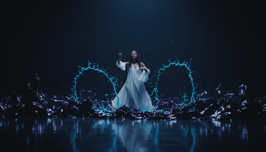 動態的 AI 生成視覺效果流暢過渡,反映出 Jhené Aiko 的「Break」歌曲中微妙的節拍跌落或人聲漸強。