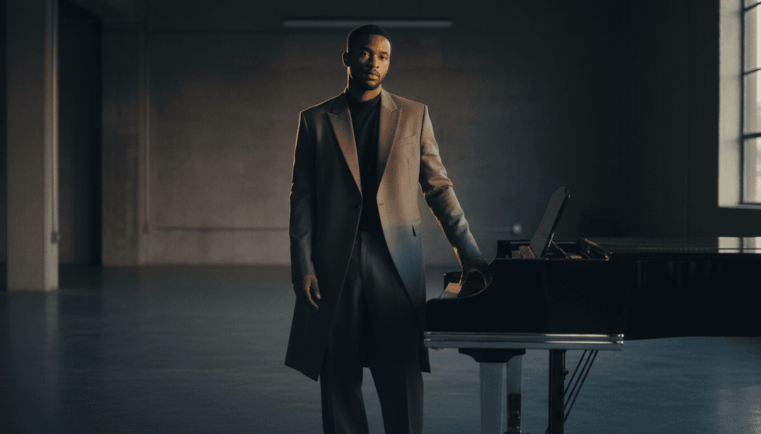 Representación visual abstracta de ondas sonoras de 'Circles' de Elujay siendo analizadas y formando patrones arremolinados y armoniosos por un sistema de IA.