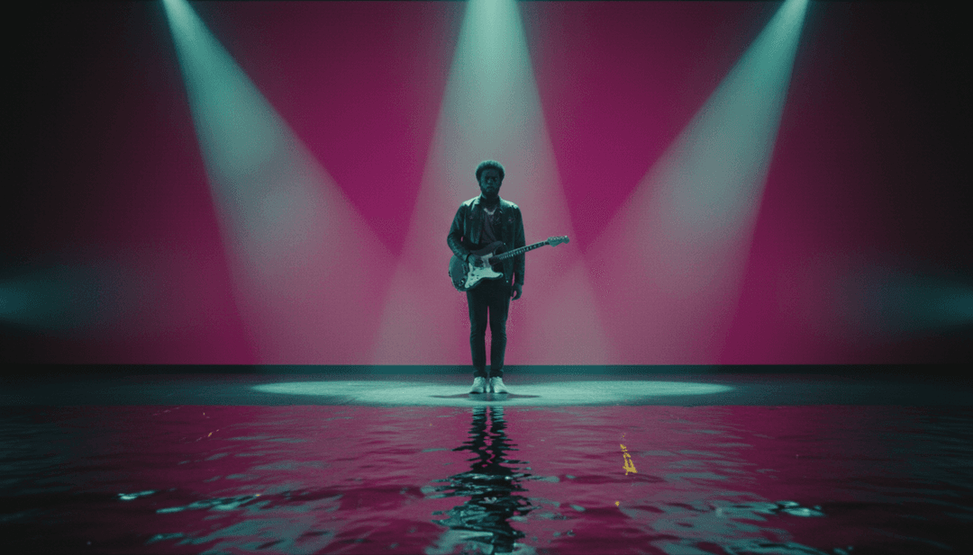 Un video musical de alta calidad y terminado para 'Circles' de Elujay reproduciéndose en una pantalla, mostrando la integración perfecta de visuales generados por IA y letras sincronizadas.