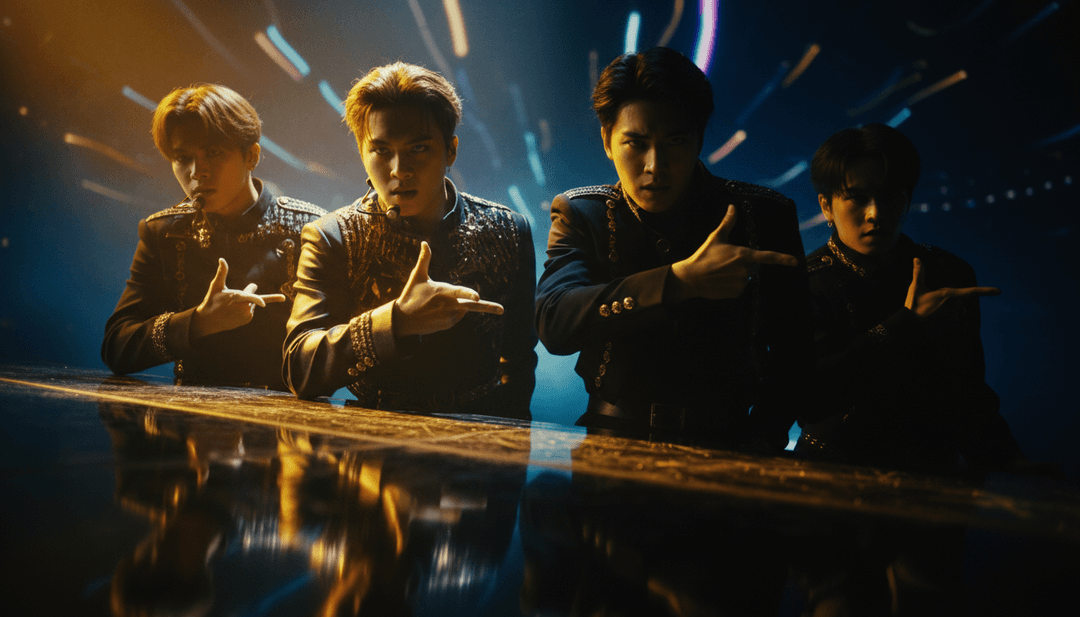 Un utente interagisce gioiosamente con l'interfaccia di freebeat.ai, personalizzando un video musicale unico per 'Choose' degli ATEEZ con vari temi ed effetti visivi.