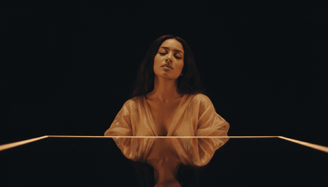 KI analysiert Schallwellen und eine digitale Darstellung von 'Baby Boy (feat. Kali Uchis)' von Aya Nakamura und Kali Uchis, die R&B- und Pop-Elemente mischt.
