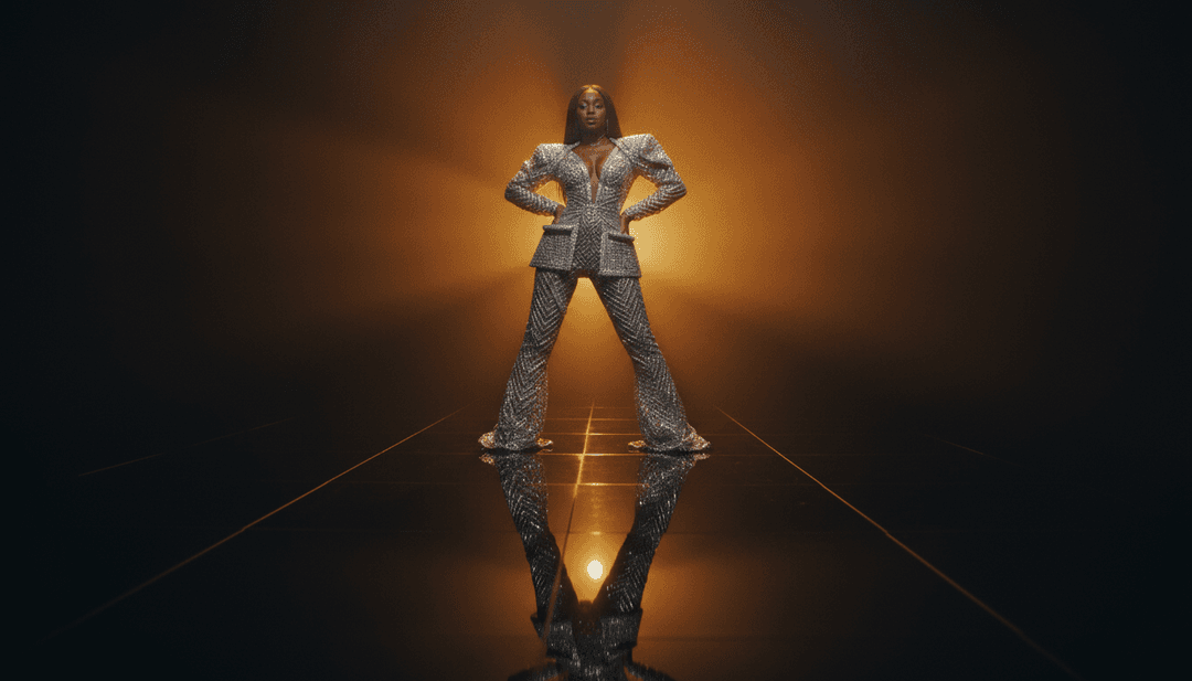 Dynamische visuelle Szenen, generiert von KI, mit R&B-Tanzbewegungen, lebhaften Stadtlandschaften und künstlerischen Interpretationen der 'Baby Boy' Lyrics.