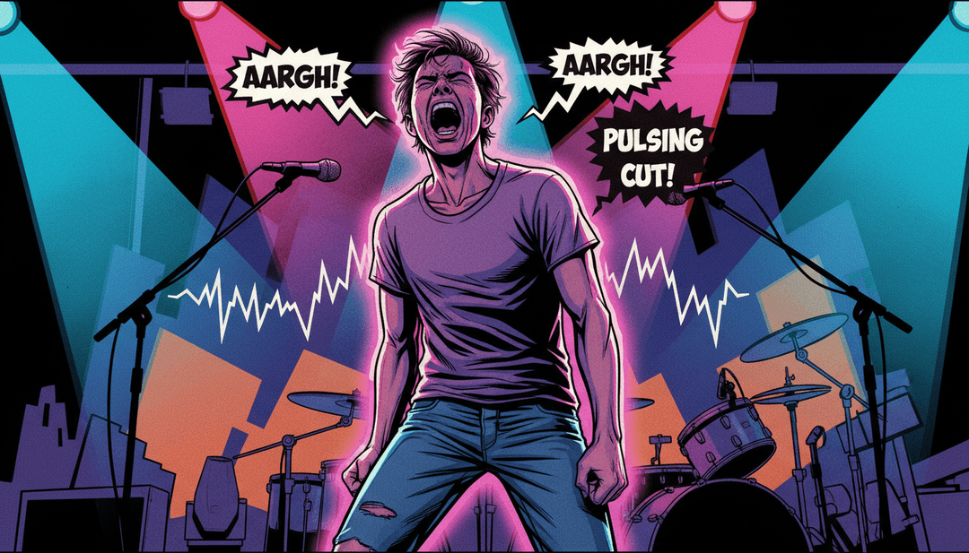 Ein finaler, hochwertiger, KI-generierter Musikvideo-Frame, der nahtlos ineinander übergehende Szenen zeigt.