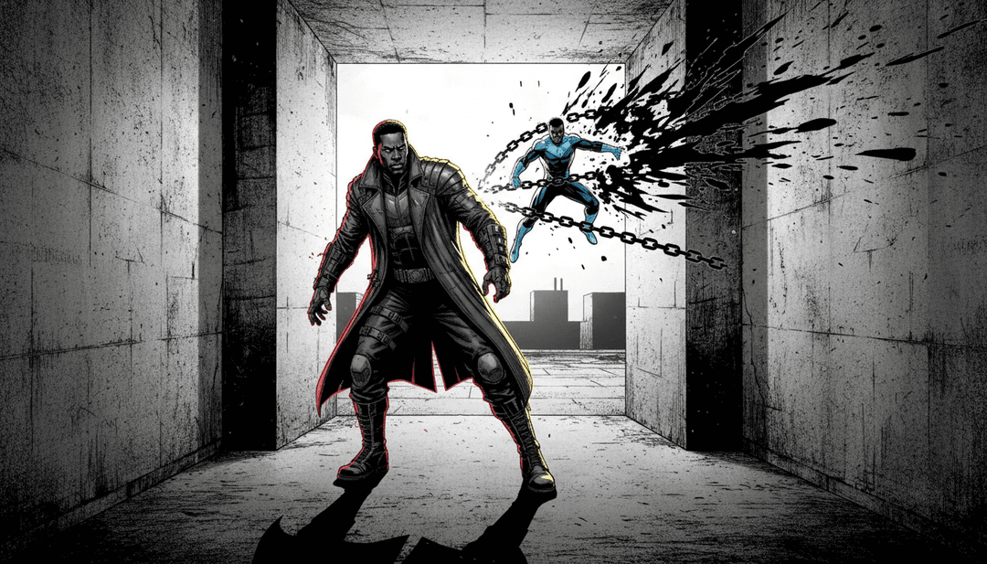 Représentations visuelles dynamiques des rythmes trap et du flux lyrique de Ben Reilly se transformant en scènes de paysages urbains et de triomphe personnel, générées par Freebeat.ai.