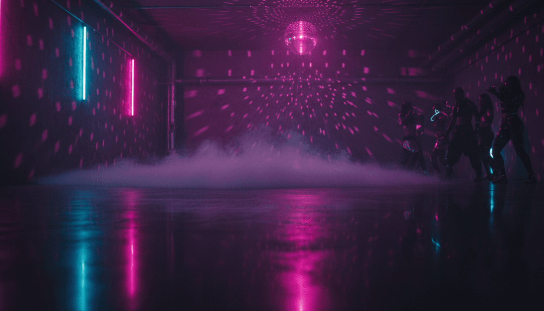 에너제틱한 댄스팝 비트와 반짝이는 'Lucky Number One' 그래픽, 추상적인 빛 패턴을 묘사하는 AI 비주얼라이저.