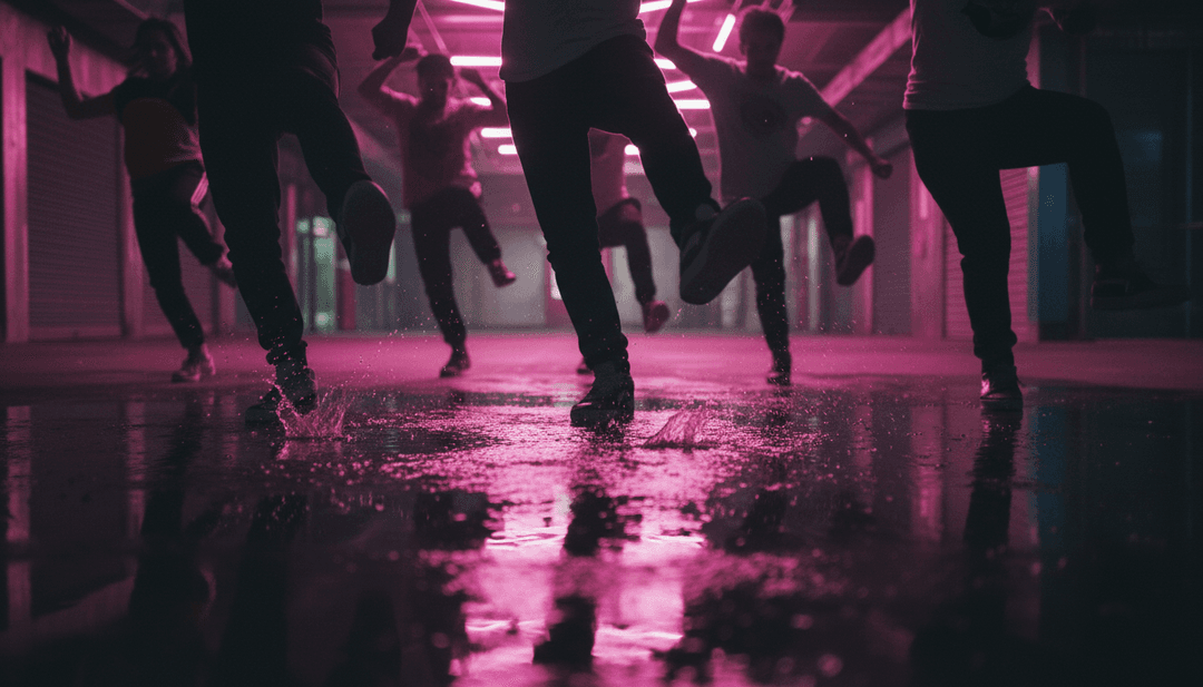 "Lucky Number One"을 위한 AI 생성 뮤직 비디오의 성공적인 마지막 장면으로, 다양한 군중이 색종이 아래에서 춤추는 모습과 freebeat.ai 로고가 미묘하게 통합되어 있습니다.