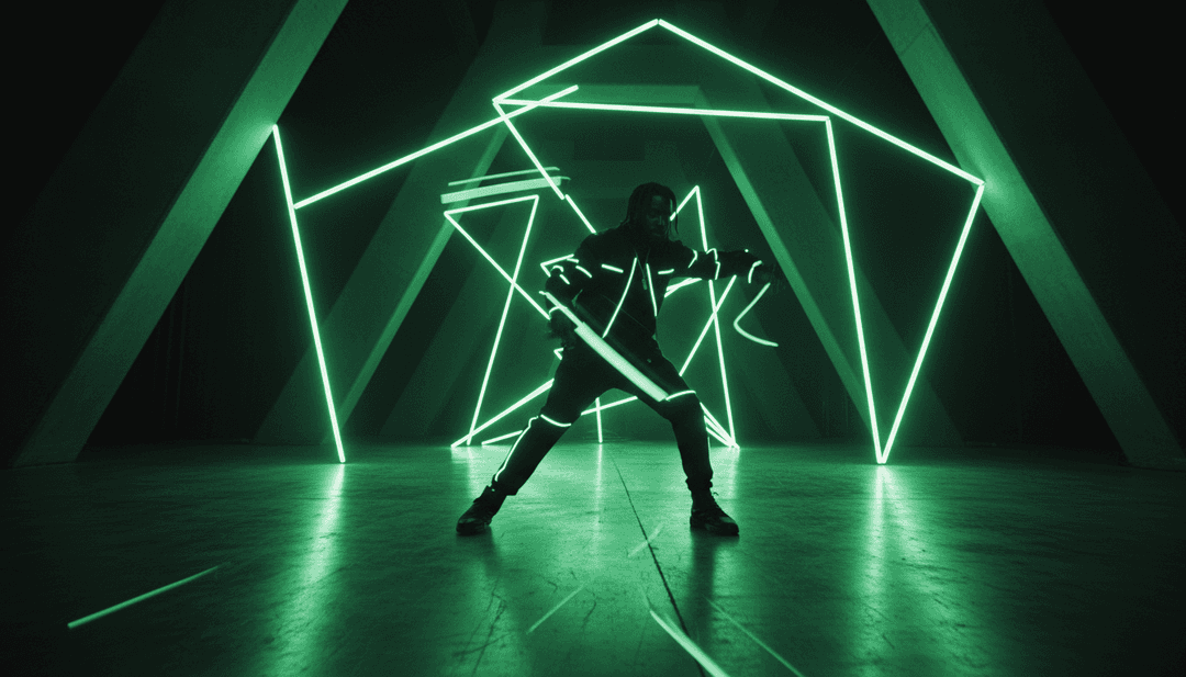 Dynamische animierte Visuals, die die Energieverschiebungen und lyrischen Themen innerhalb von 'What We On' widerspiegeln und den Übersetzungsprozess der KI zeigen.