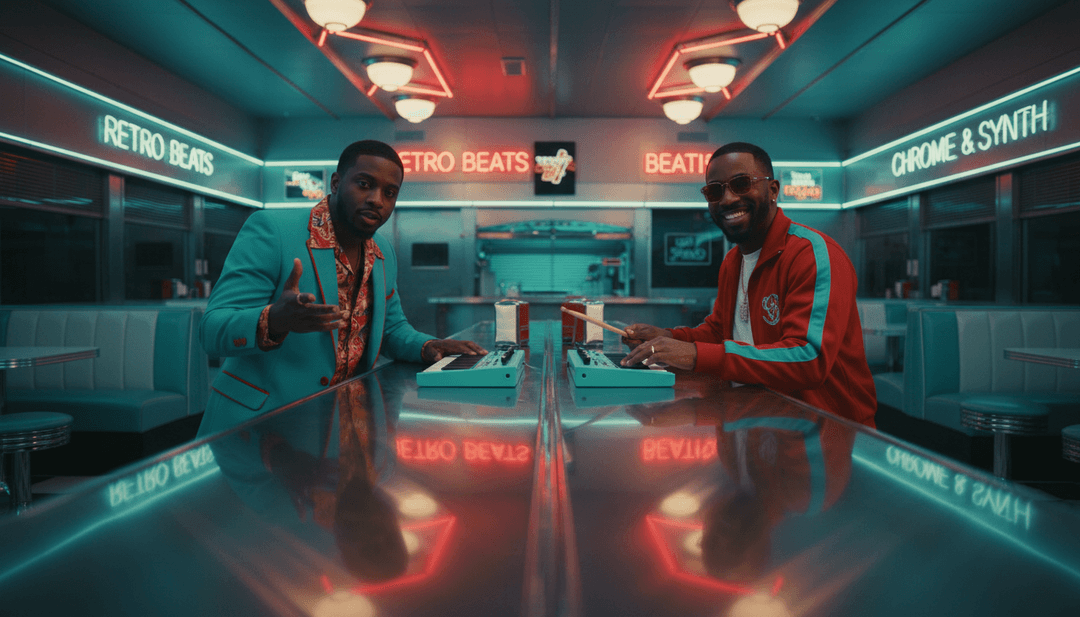 Scene visive dinamiche generate dall'AI, che rappresentano testi hip-hop e ritmi musicali energetici.