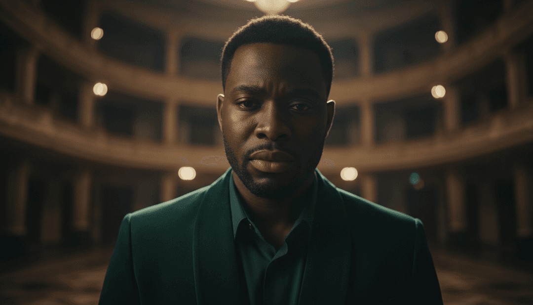 Uma visualização abstrata de ondas sonoras transformando-se em arte de rua urbana e luzes pulsantes, representando a energia e a ambição do hip-hop.