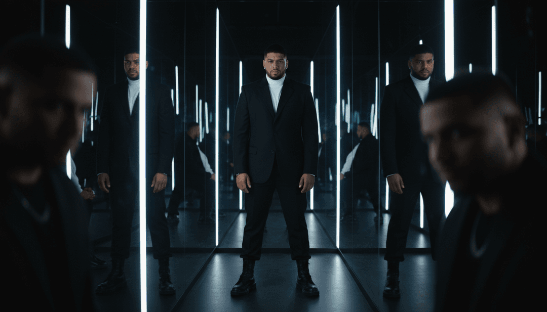 IA analysant les ondes sonores et les notes musicales de 'Enemigos' par Ozuna, Beéle, Ovy On The Drums, avec un fond Reggaeton vibrant.