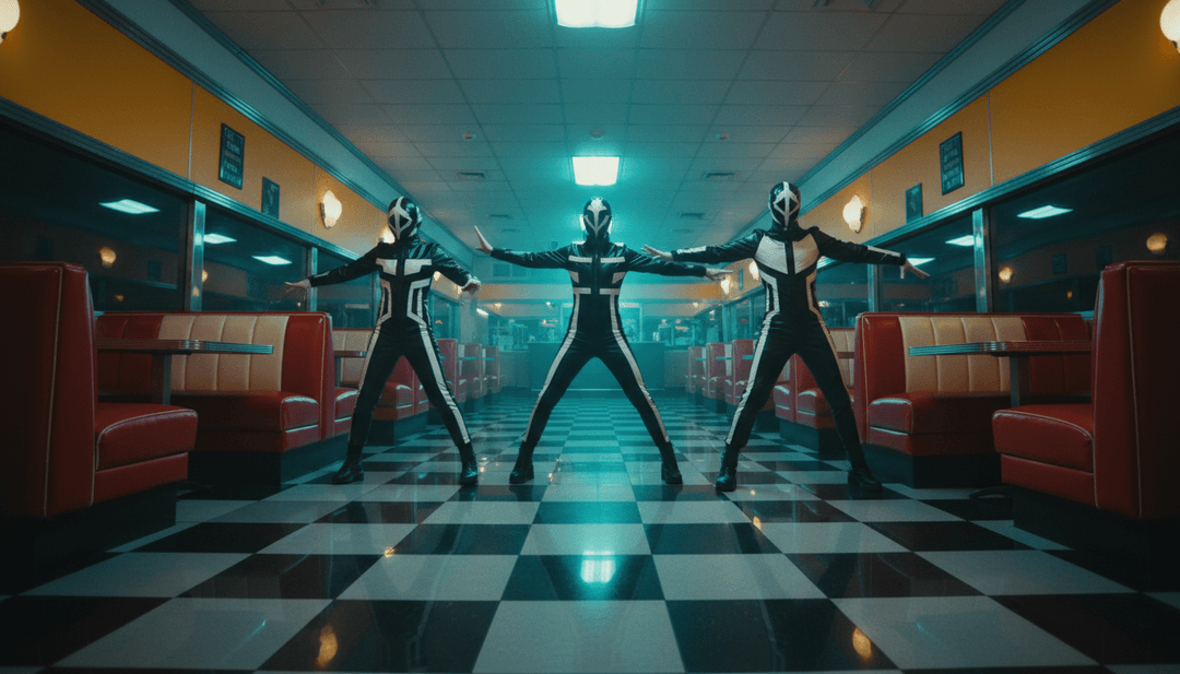 Uma representação abstrata de ondas sonoras para 'KNOCK KNOCK' transformando-se em conceitos visuais iniciais, simbolizando a interpretação da IA dos ritmos de hip-hop e R&B.