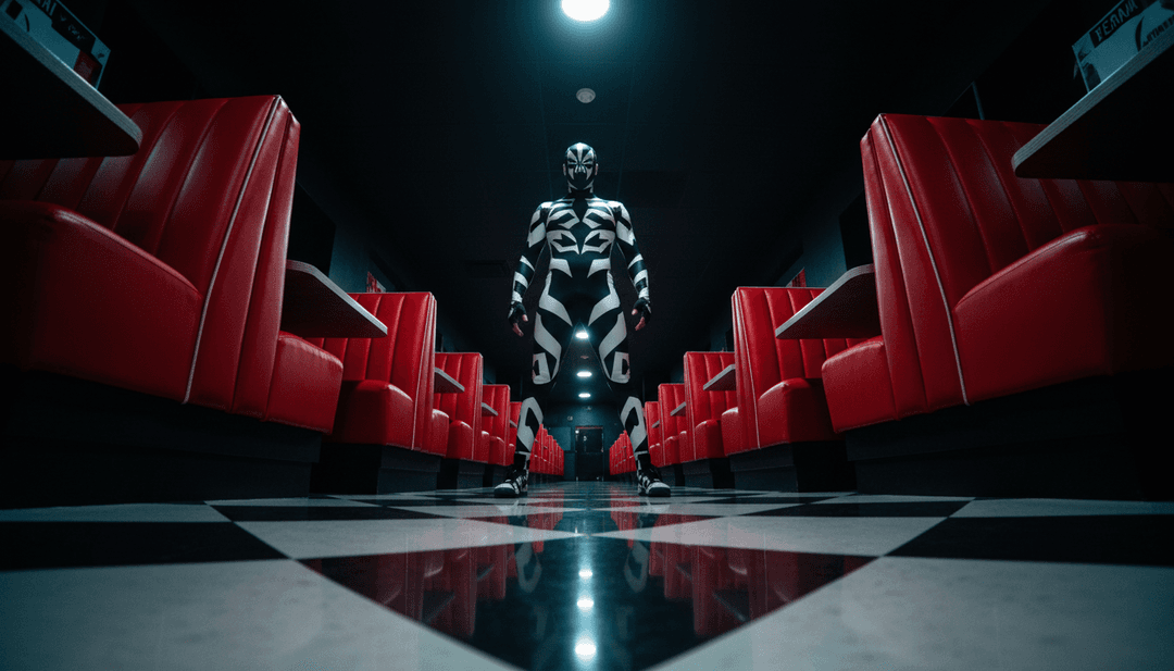 Uma tela dividida mostrando a forma de onda de áudio original de 'KNOCK KNOCK' de um lado e um clipe de vídeo musical impressionante, gerado por IA do outro, com um botão 'Crie o Seu Agora', enfatizando o potencial do usuário.