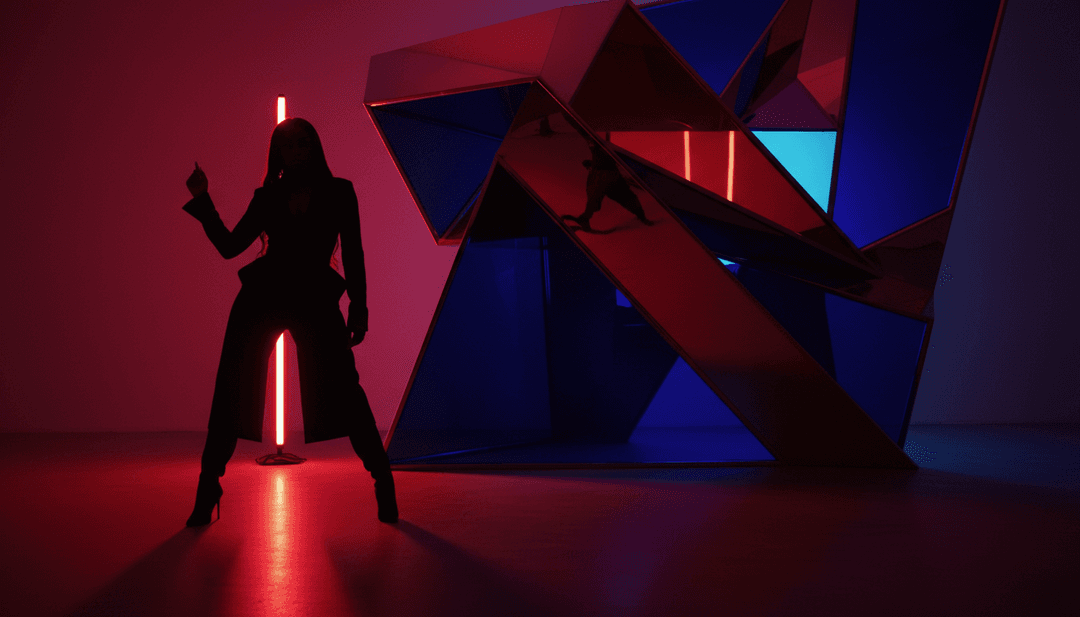 Vídeo de música gerado por IA finalizado para 'Some More' de TÖME sendo reproduzido numa tela futurista, com sobreposição da interface do usuário.