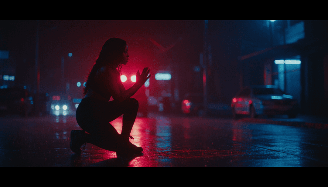 Visuais dinâmicos gerados por IA, com formas abstratas que se transformam com o ritmo, paisagens urbanas dissolvendo-se em sequências oníricas e silhuetas femininas empoderadoras dançando ao ritmo de "She" de Ambré.