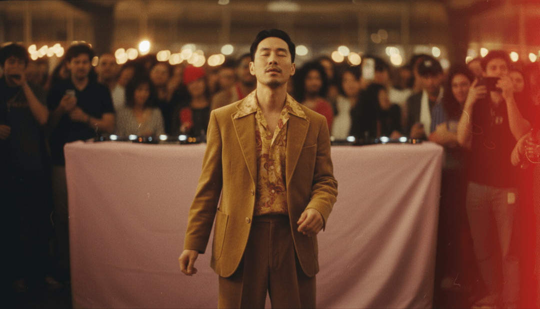 Una representación visual abstracta de ondas de sonido synth-pop de 'Our House' by Toro y Moi, transformándose en diseños arquitectónicos vibrantes y etéreos.