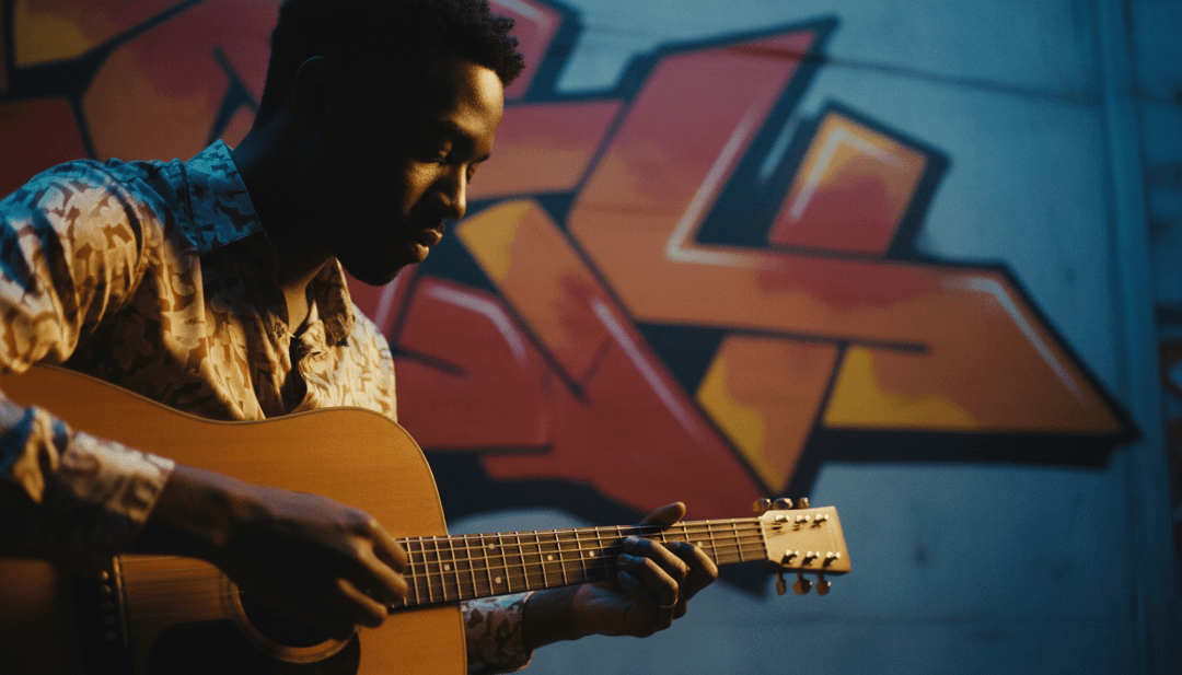 AI che analizza onde sonore e testi di 'I Win' di Masego, proiettando concetti visivi astratti hip-hop e R&B.