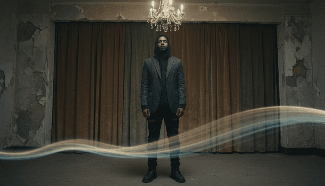 AI 解析嘻哈 Trap 音樂的抽象表示,視覺化 Kee Nola 的 'BACK FROM THE DEAD' 頻譜分析,顯示資料流動。