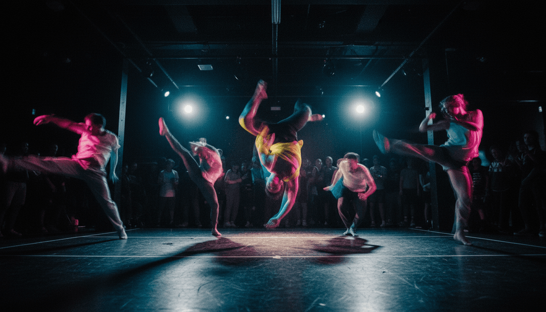 Dynamische digitale Animationssequenz, die zeigt, wie sich Synth-Wave-Muster in tanzende Figuren und abstrakte Lichtkunst verwandeln, synchronisiert mit Lipdance's Beat.