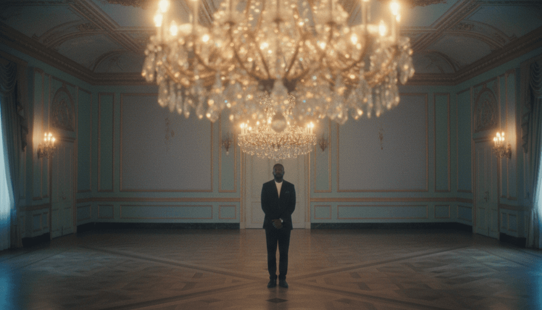 IA analisando música country rock com visualizações de forma de onda, notas digitais e um ícone de chapéu de cowboy.