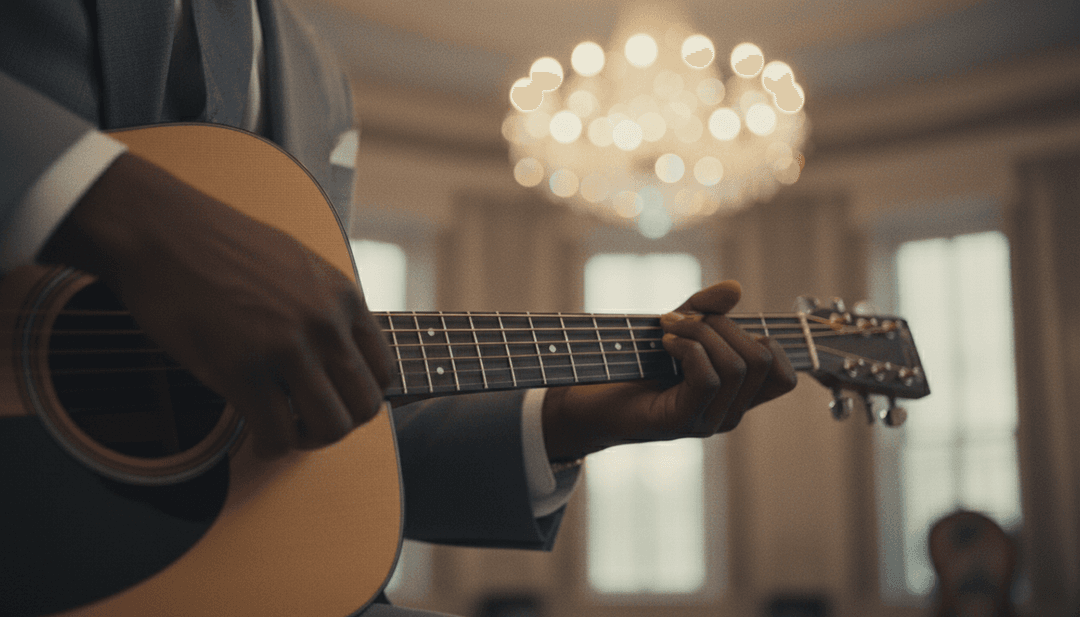 Cenas digitais do campo se transformando a partir de elementos de áudio, mostrando guitarras acústicas, estradas abertas e nascer do sol.