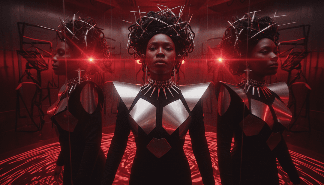 故障艺术和霓虹视觉效果的动态序列与沉重的陷阱低音骤降同步,展示 freebeat.ai 的创意输出。