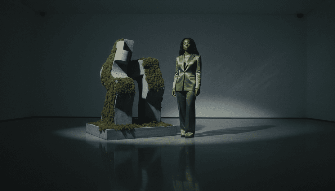 Représentation visuelle abstraite de musique hip-hop et soul, montrant des ondes rythmiques et des couleurs mélancoliques, symbolisant l'interprétation d'une chanson par l'IA.